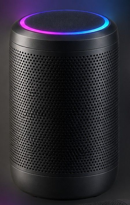 FirePod from the front, a round black tower with a glowing light ring on top