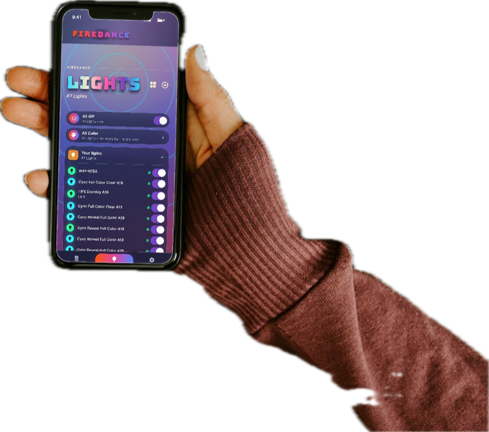 A hand holding a phone showing the Firedance Lights screen with an All Off switch and a list of lights