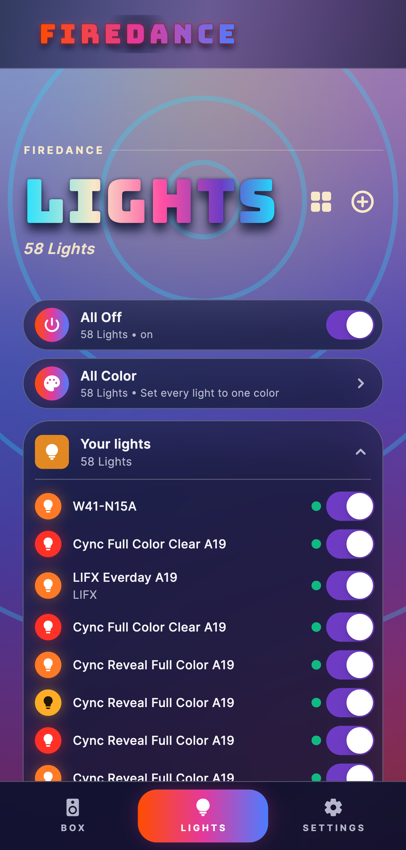 Firedance app Lights screen with an All Off switch, All Color and a list of lights