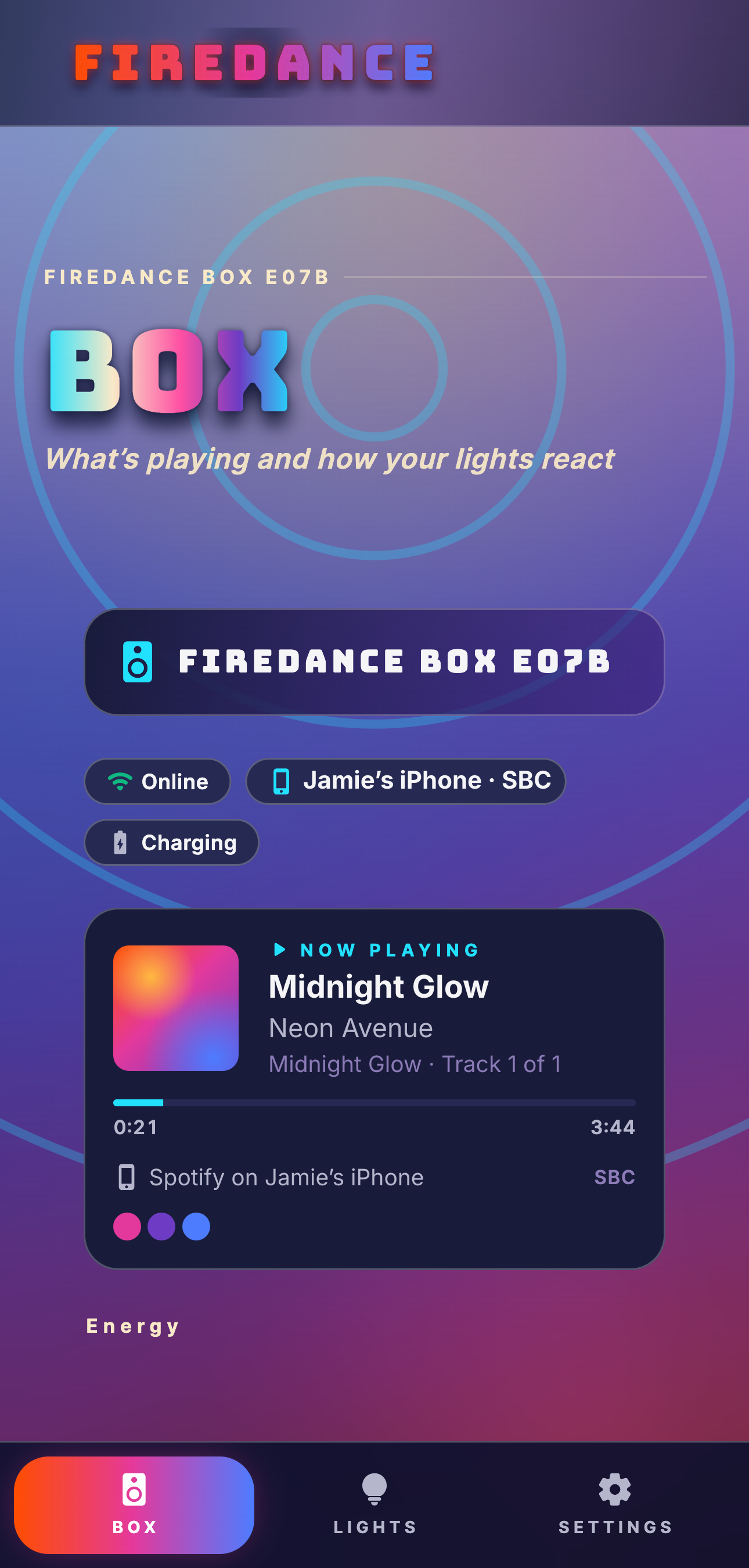 Firedance app showing the box online and the song that's playing