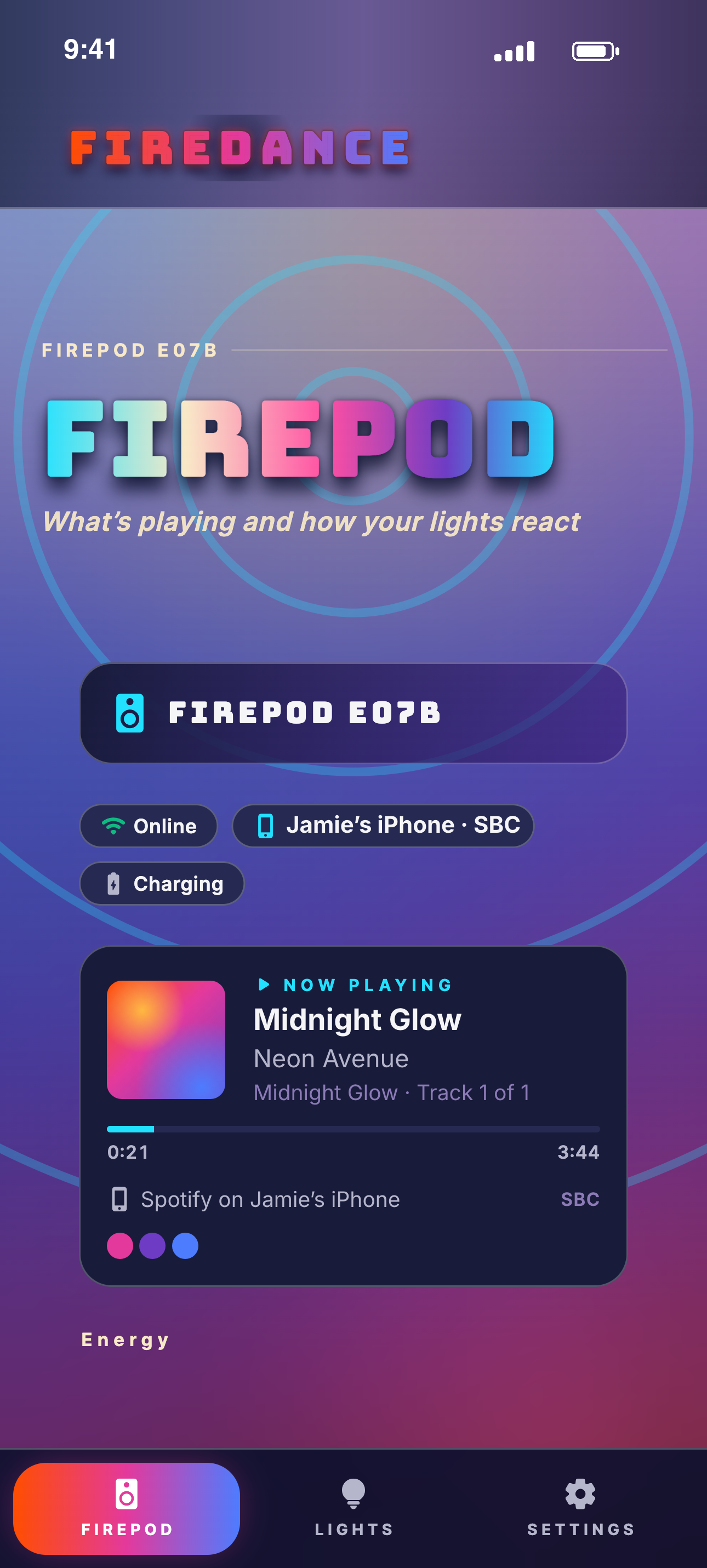 Firedance app showing FirePod online and the song that's playing
