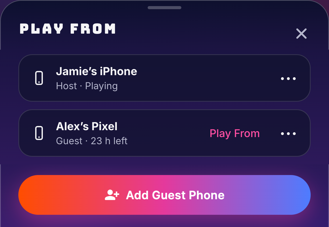 The Play From sheet in the Firedance app, listing the host's phone as playing, a guest's phone with a Play From button, and Add Guest Phone