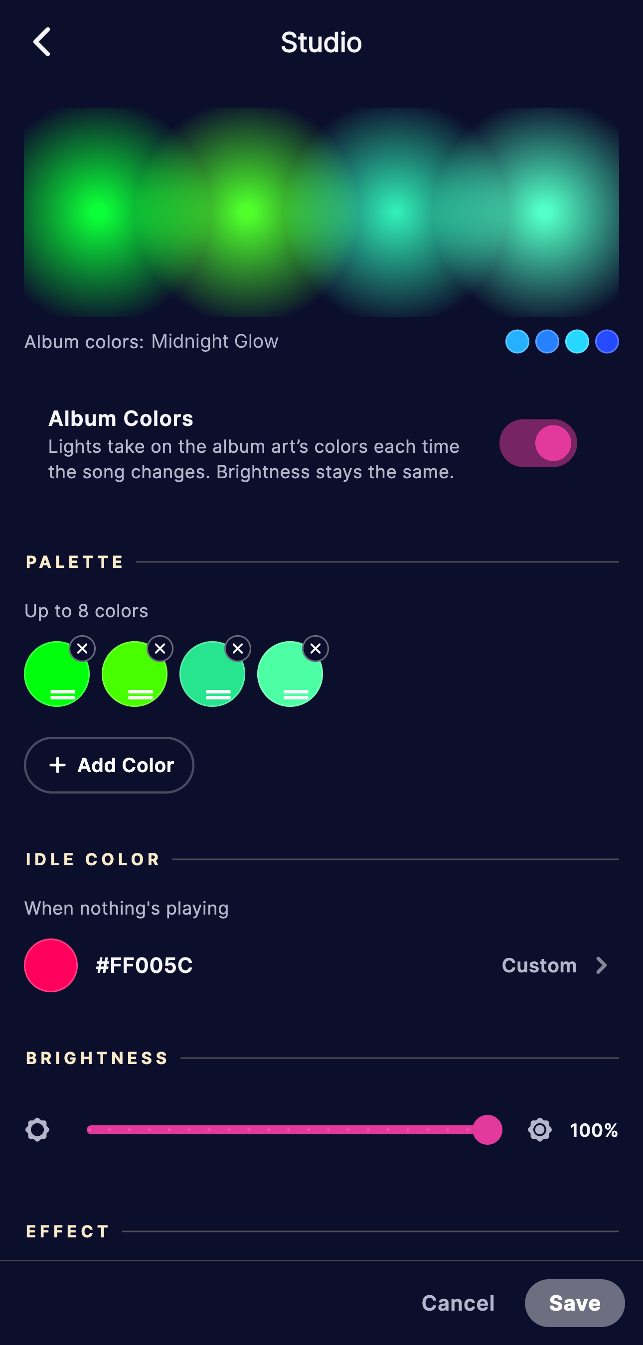 Firedance app Studio screen showing album colors, a color palette and brightness