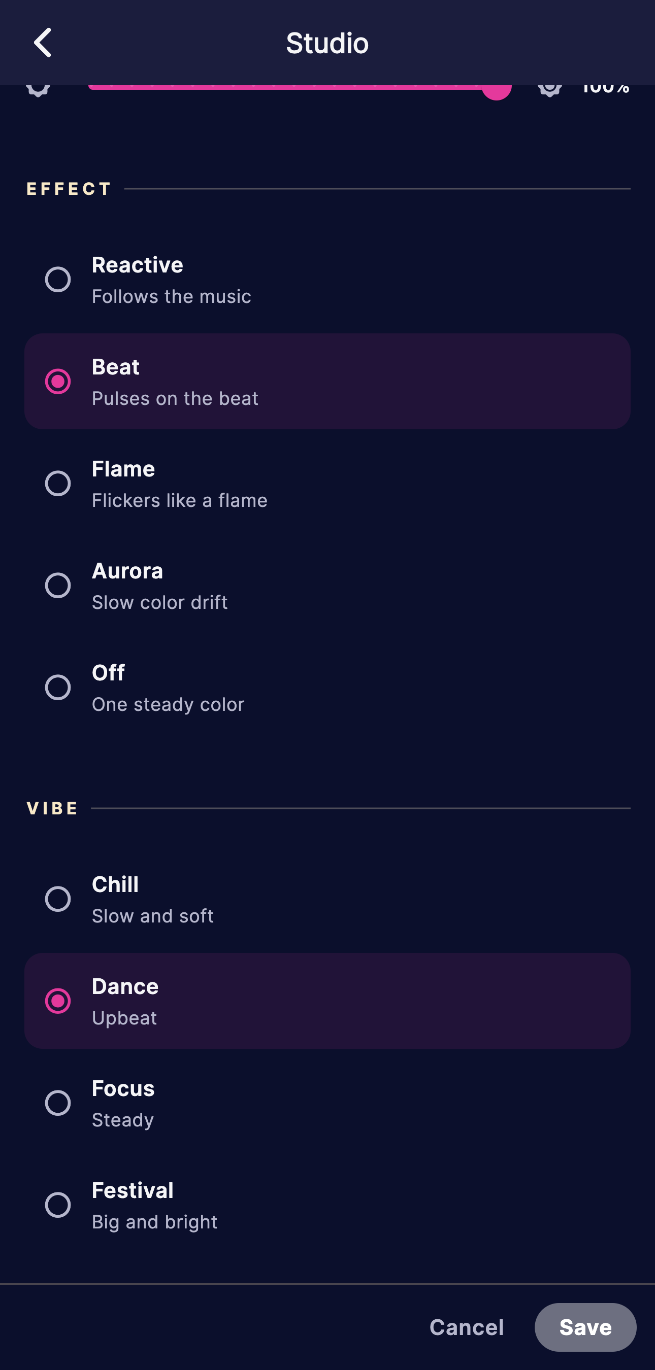 Firedance app Studio screen with effect and vibe options
